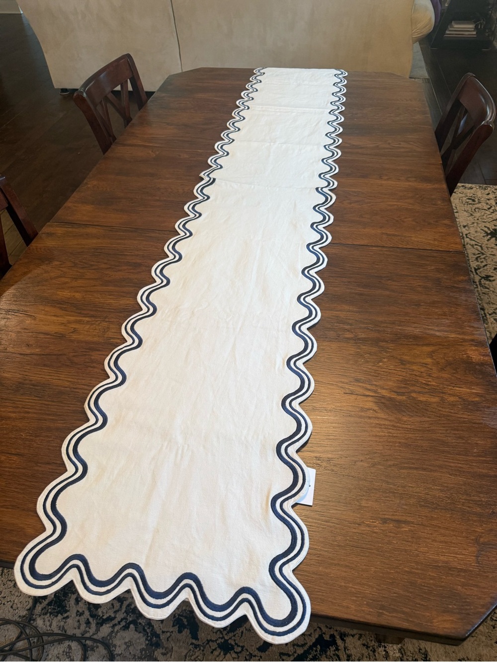 Anthropologie White Table Runner with Navy Scalloped Trim